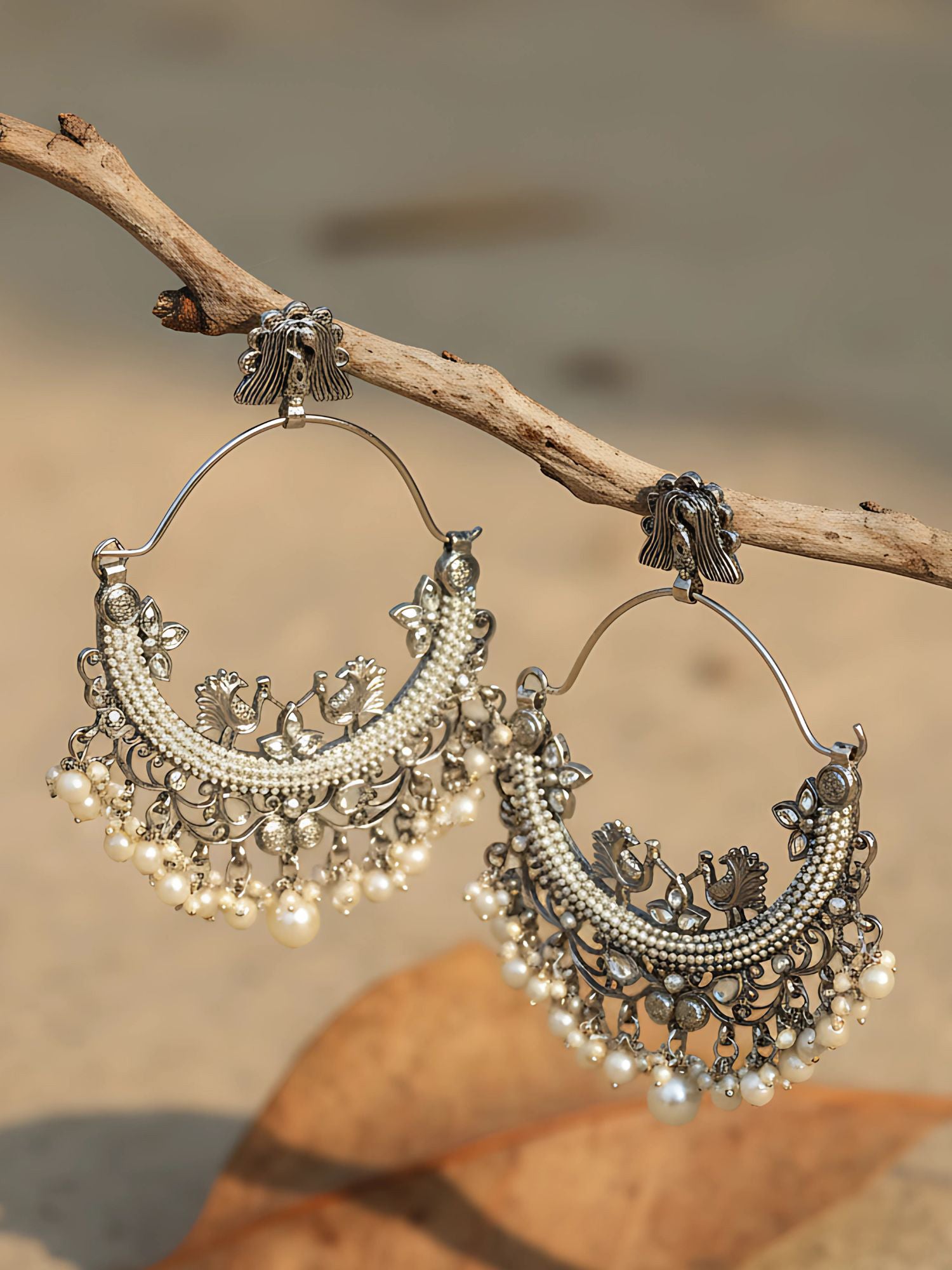Karatcart Oxidised Silver Embellished Kundan and Pearl Large Chandbali Earrings for Women