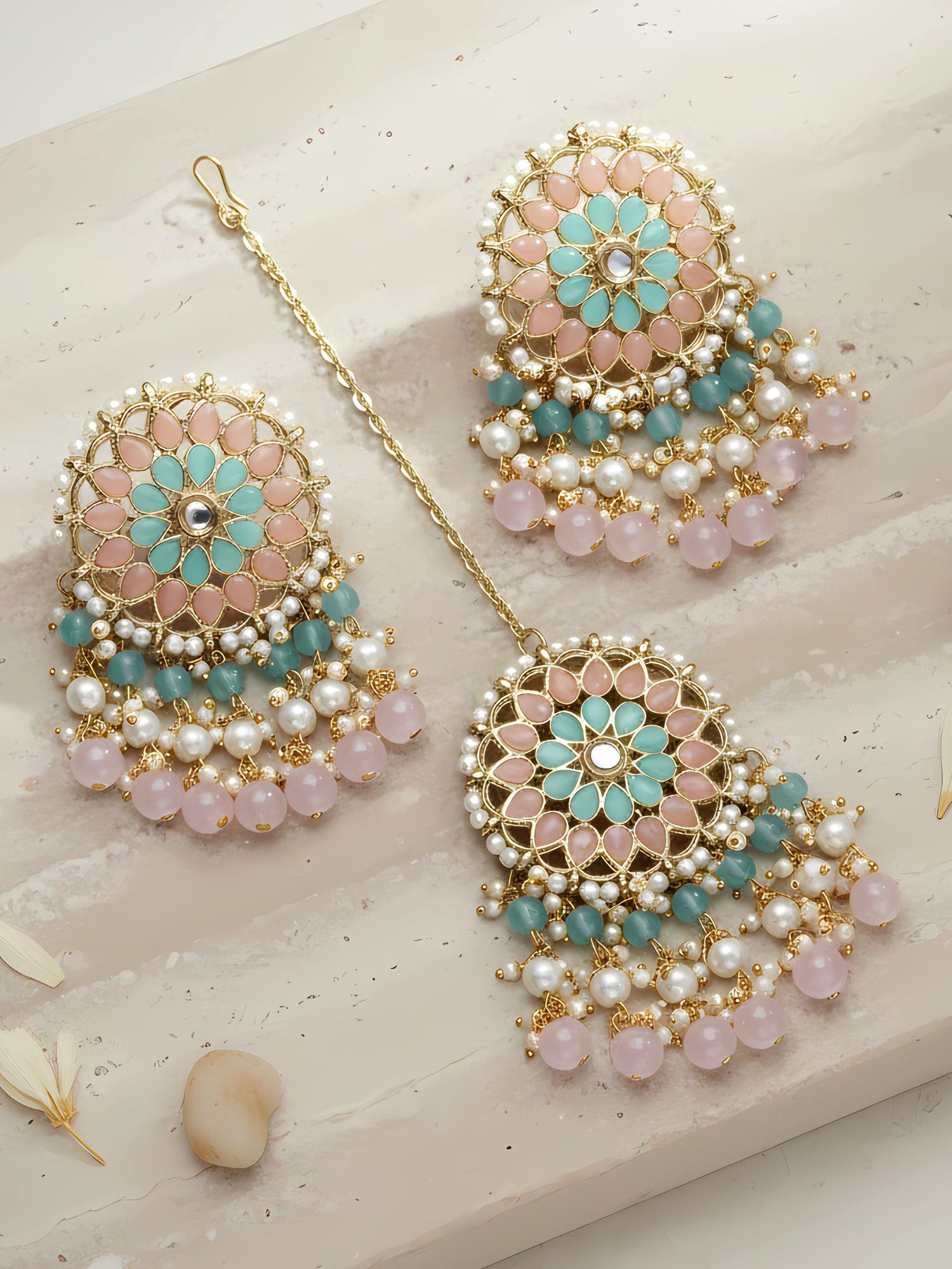 Karatcart Gold Plated Pink and Light Blue Kundan Earrings and Maangtikka Combo Set for Women