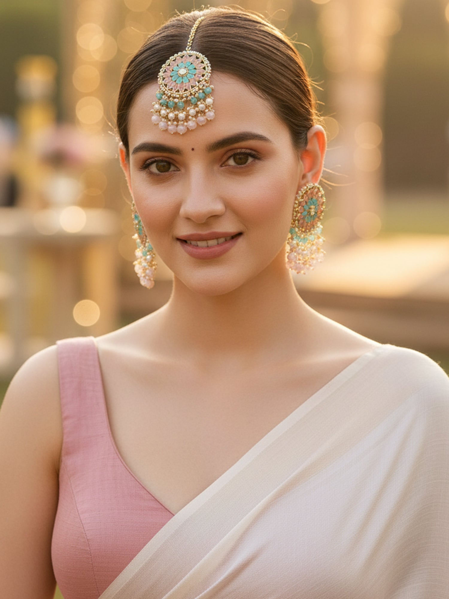 Karatcart Gold Plated Pink and Light Blue Kundan Earrings and Maangtikka Combo Set for Women