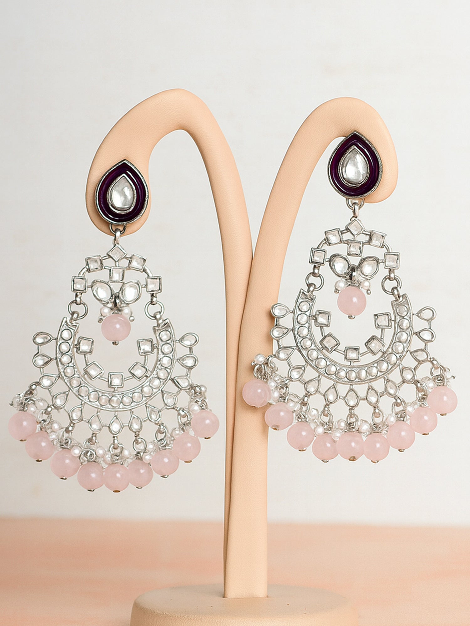 Karatcart Oxidised Silver Pink Beads Purple Kundan Chandbali Earrings for Women