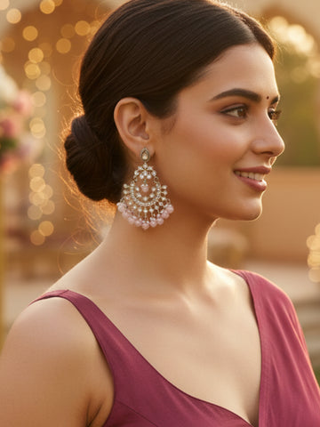 Karatcart Oxidised Silver Pink Beads Purple Kundan Chandbali Earrings for Women