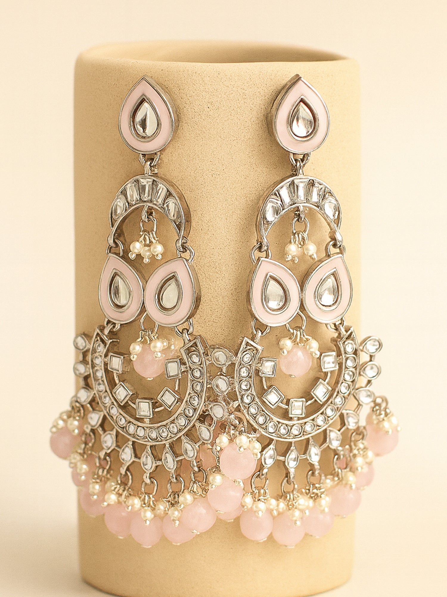 Karatcart Oxidised Silver Pink Beads Kundan Dangler Earrings for Women