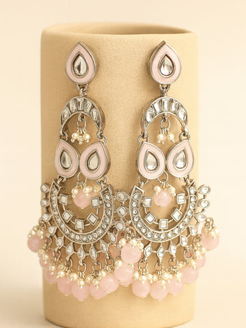 Karatcart Oxidised Silver Pink Beads Kundan Dangler Earrings for Women