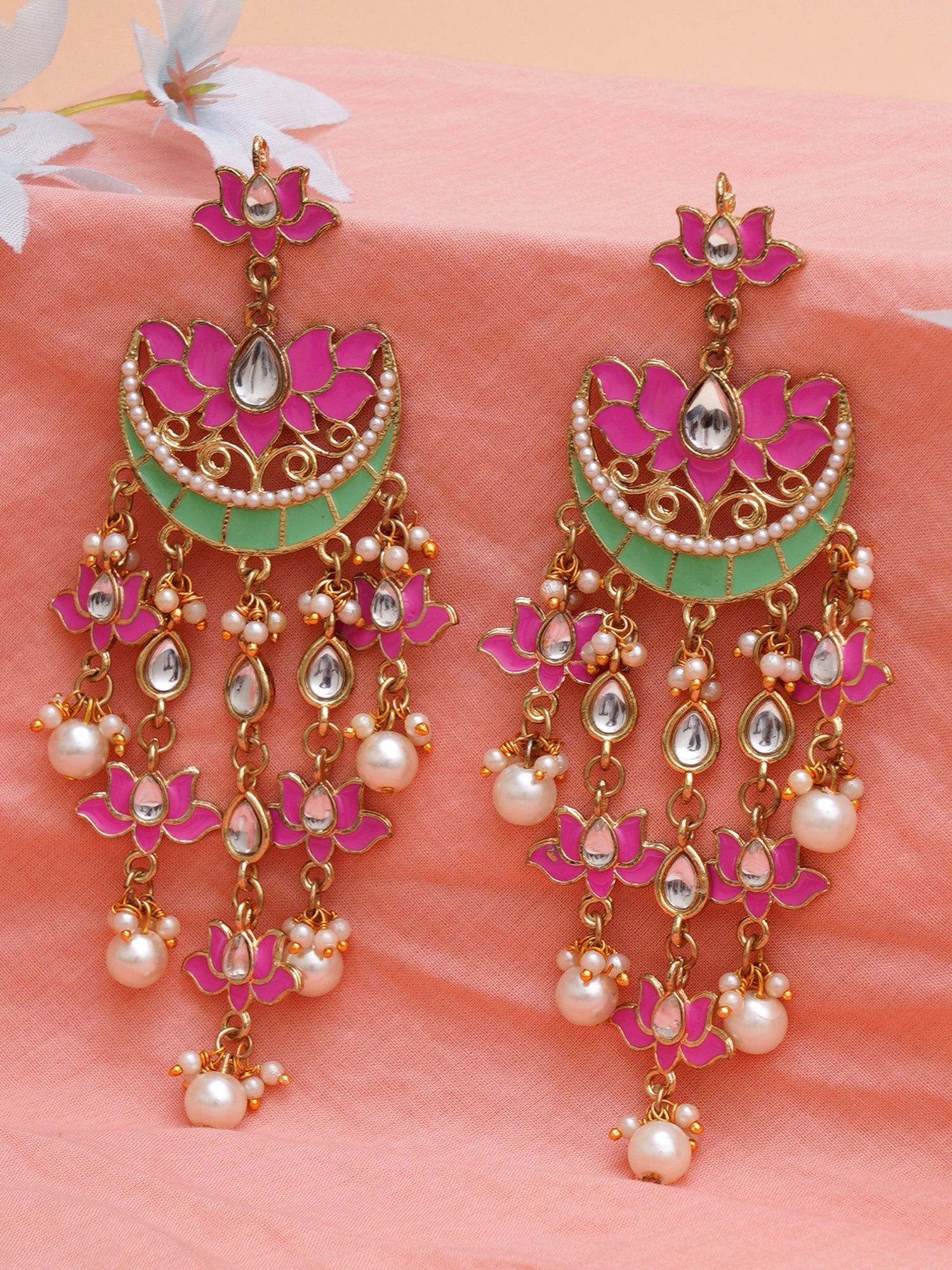 Karatcart Gold Plated Pink Meena Lotus Design Kundan Dangler Earrings for Women