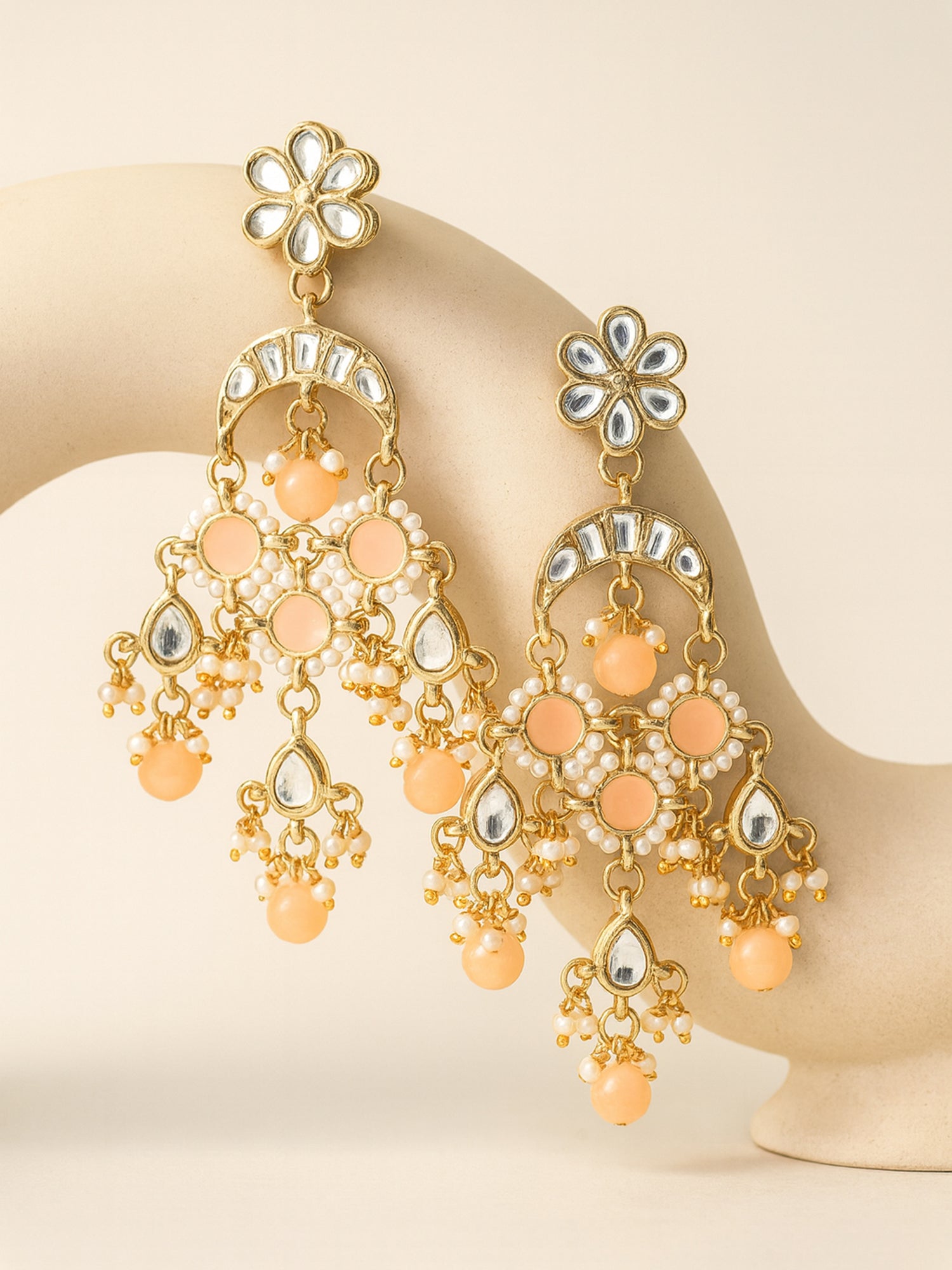 Karatcart Gold Plated Peach Meena Kundan Dangler Earrings for Women