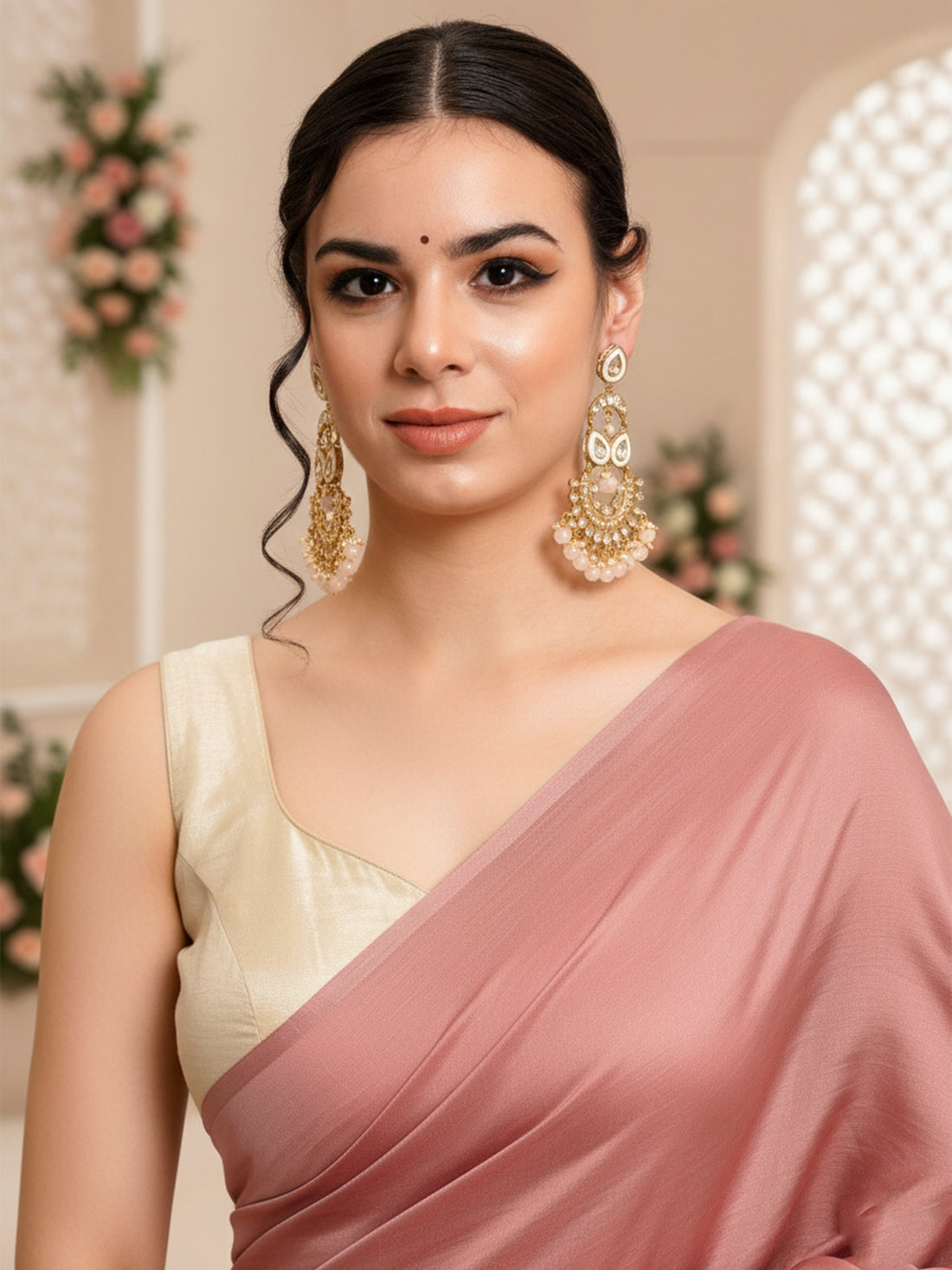 Karatcart Gold Plated Pink Beads Kundan Dangler Earrings for Women