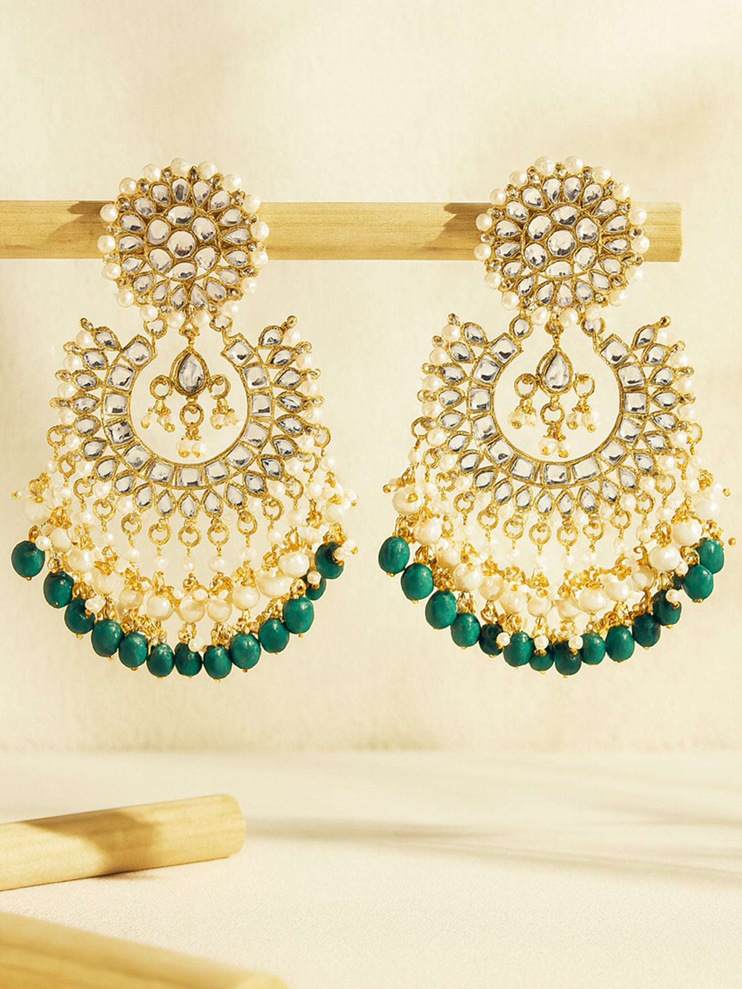 Karatcart Gold Plated Green Tumble and Pearl Studded Kundan Dangler Earrings for Women