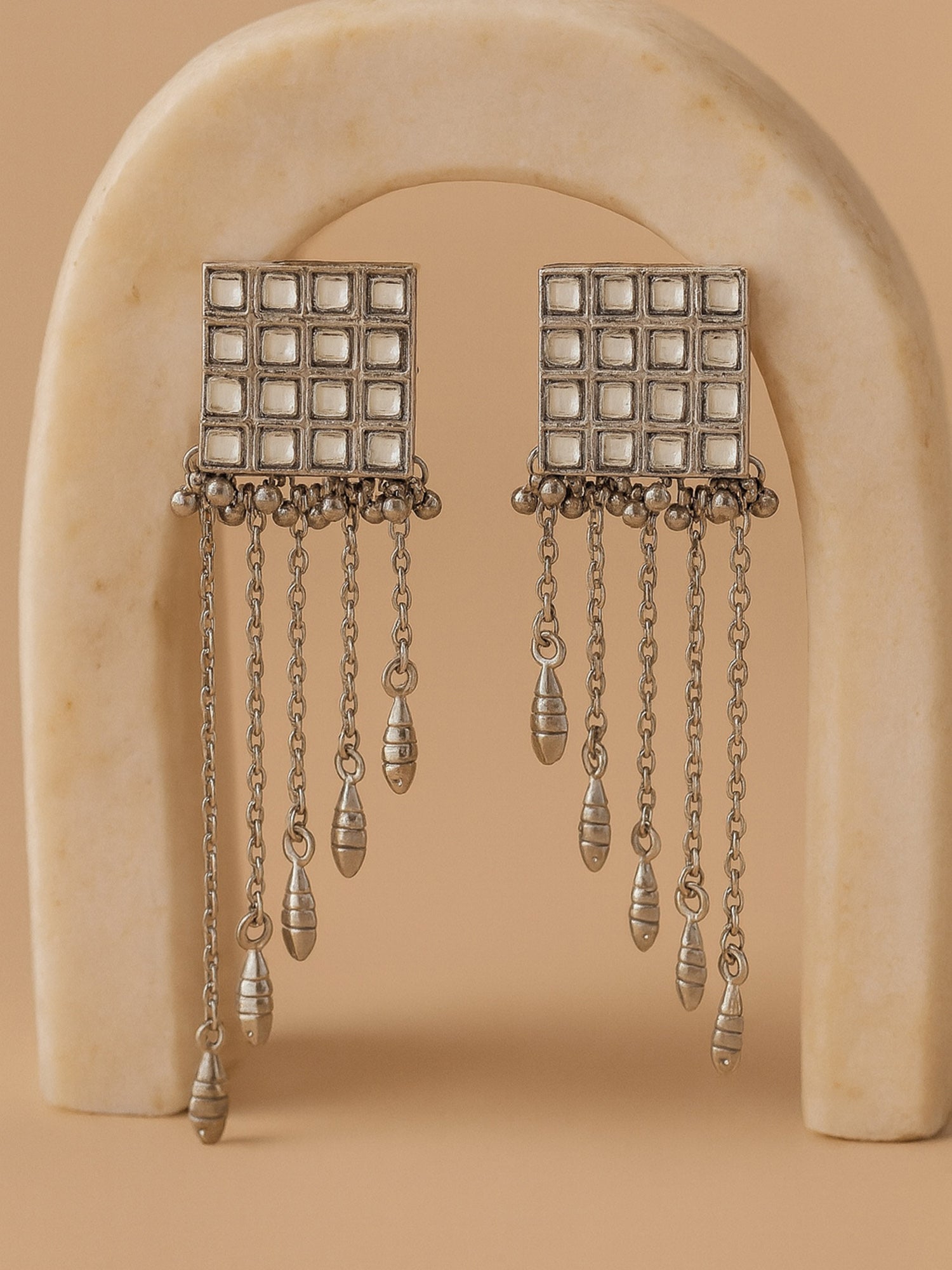 Karatcart Oxidised Silver Square Shape Kundan Tassel Earrings for Women