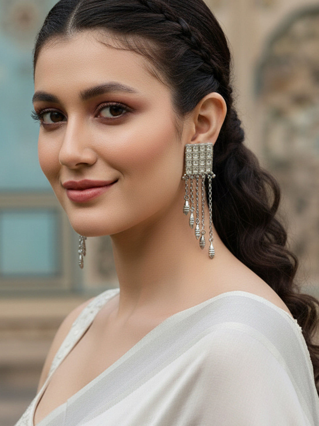 Karatcart Oxidised Silver Square Shape Kundan Tassel Earrings for Women