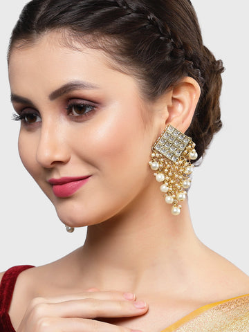 Karatcart Gold Plated Diamond Shape Pearl Studded Kundan Dangler Earrings for Women