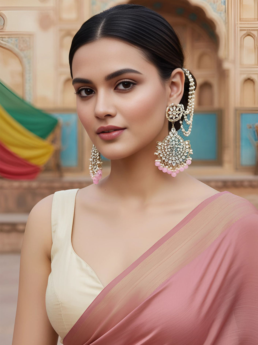 Karatcart Gold Plated Pink Beads Kundan Kaanchain Earrings for Women