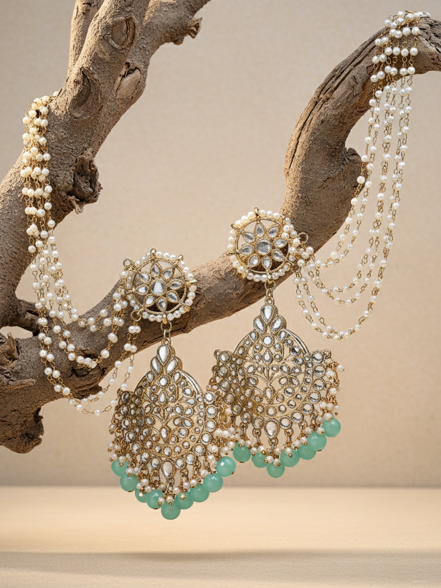 Karatcart Gold Plated Light Blue Beads Kundan Kaanchain Earrings for Women