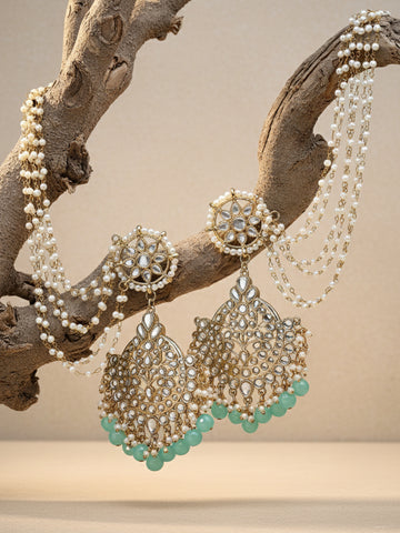 Karatcart Gold Plated Light Blue Beads Kundan Kaanchain Earrings for Women