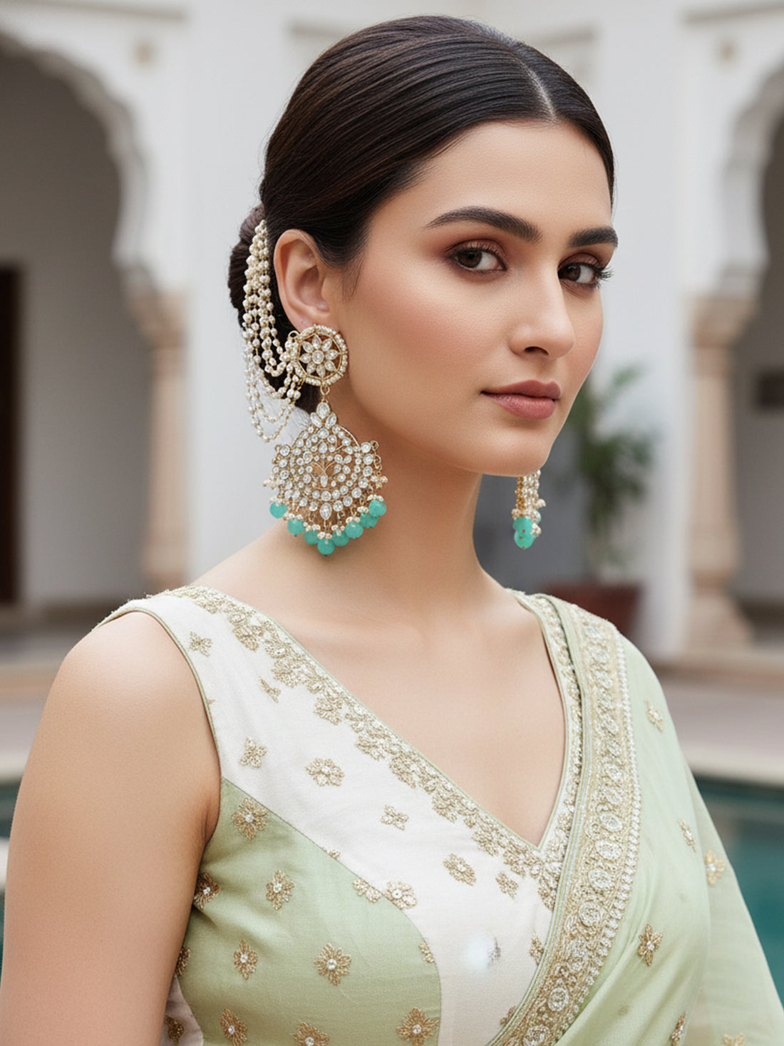 Karatcart Gold Plated Light Blue Beads Kundan Kaanchain Earrings for Women