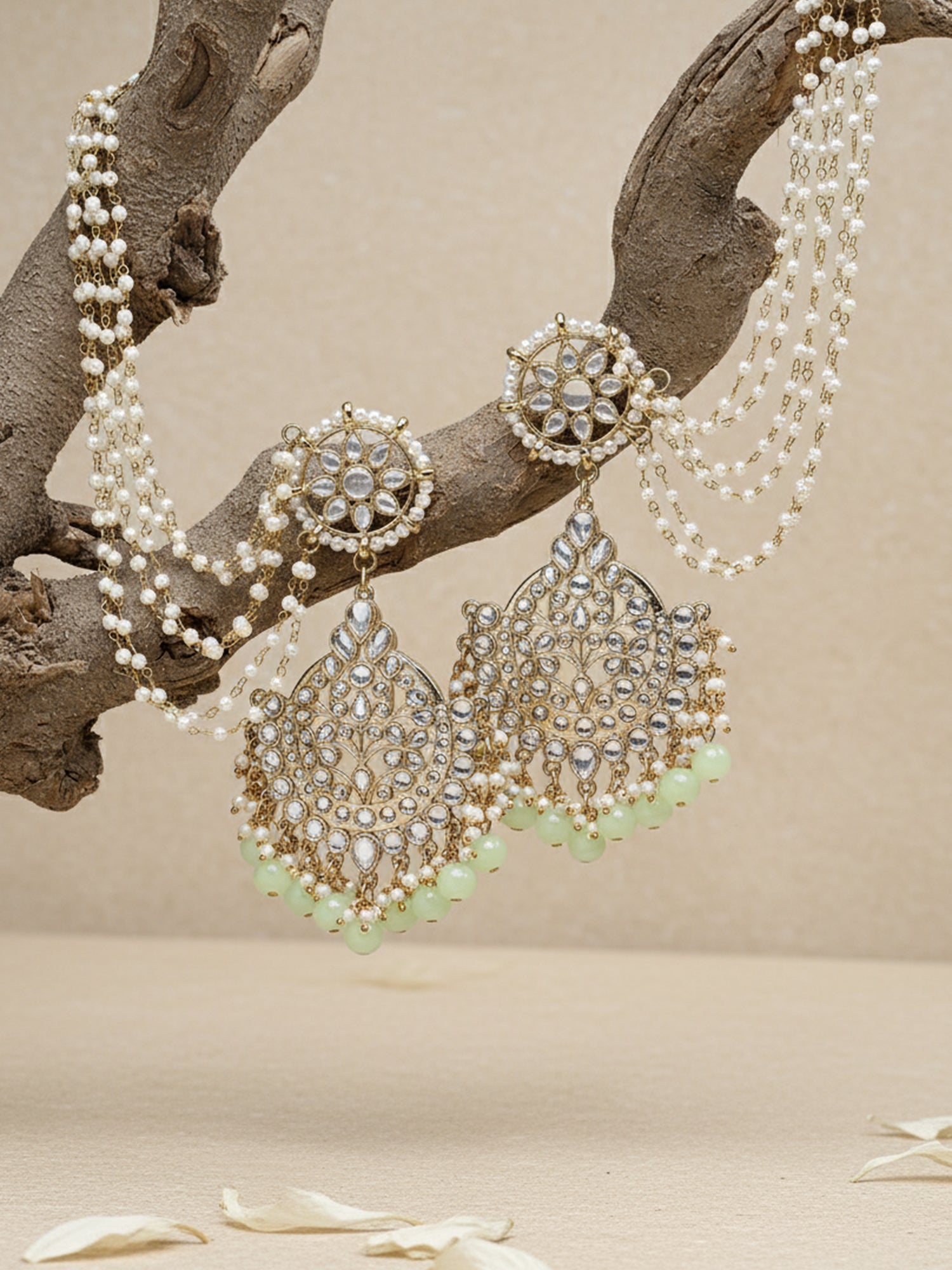 Karatcart Gold Plated Light Green Beads Kundan Kaanchain Earrings for Women