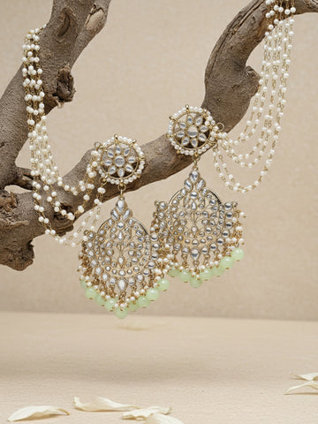 Karatcart Gold Plated Light Green Beads Kundan Kaanchain Earrings for Women