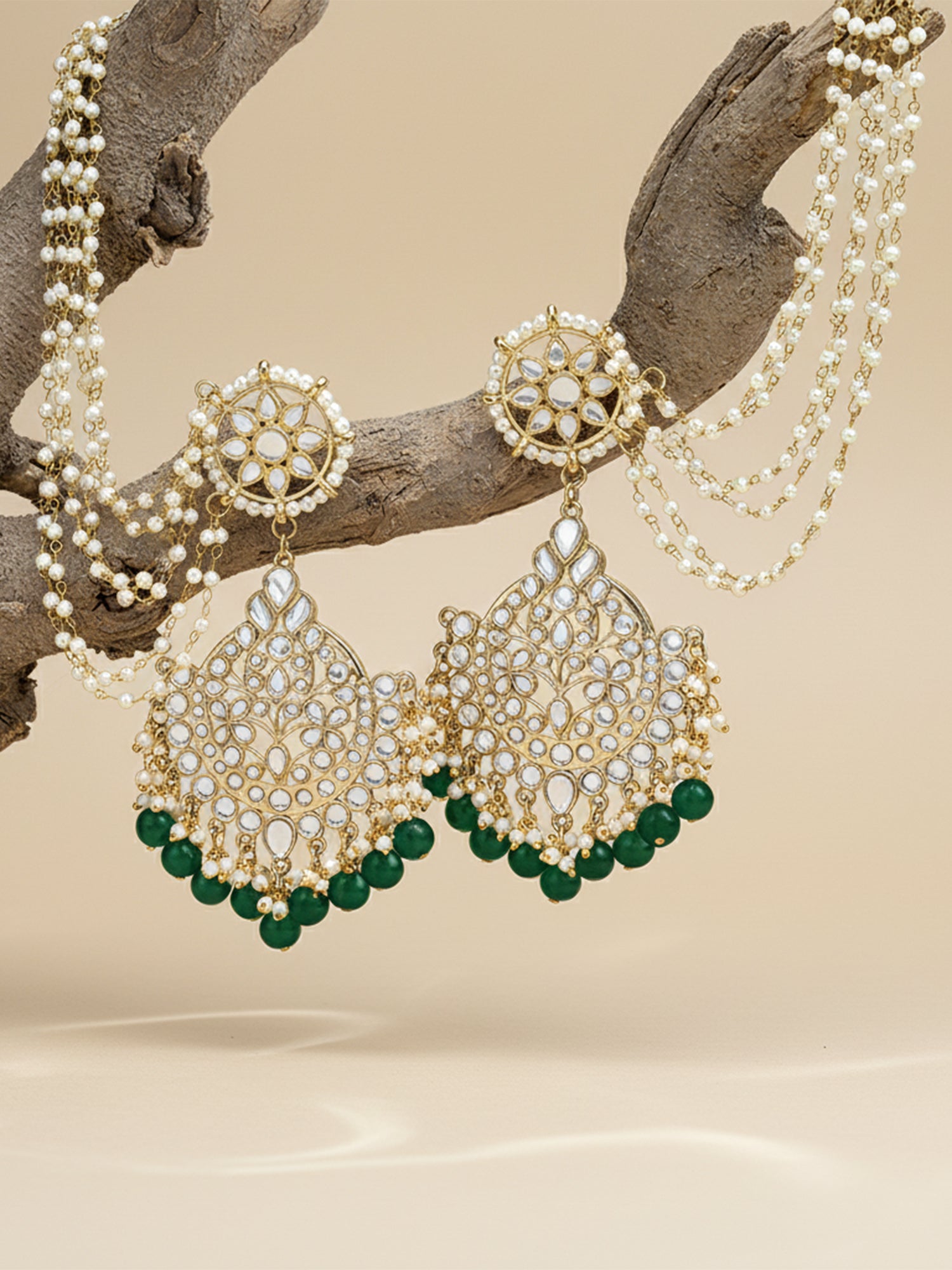 Karatcart Gold Plated Green Beads Kundan Kaanchain Earrings for Women