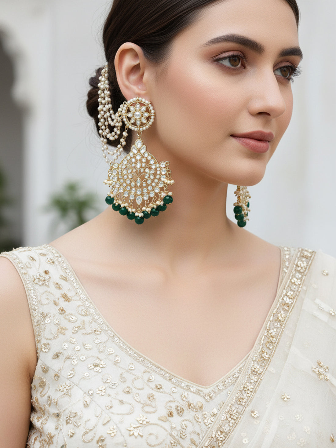Karatcart Gold Plated Green Beads Kundan Kaanchain Earrings for Women