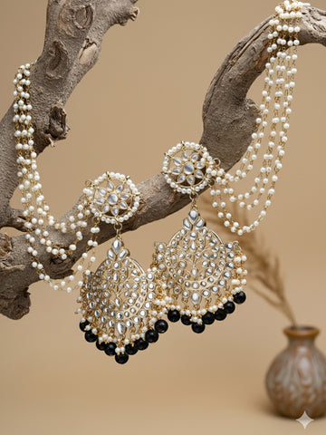 Karatcart Gold Plated Black Beads Kundan Kaanchain Earrings for Women