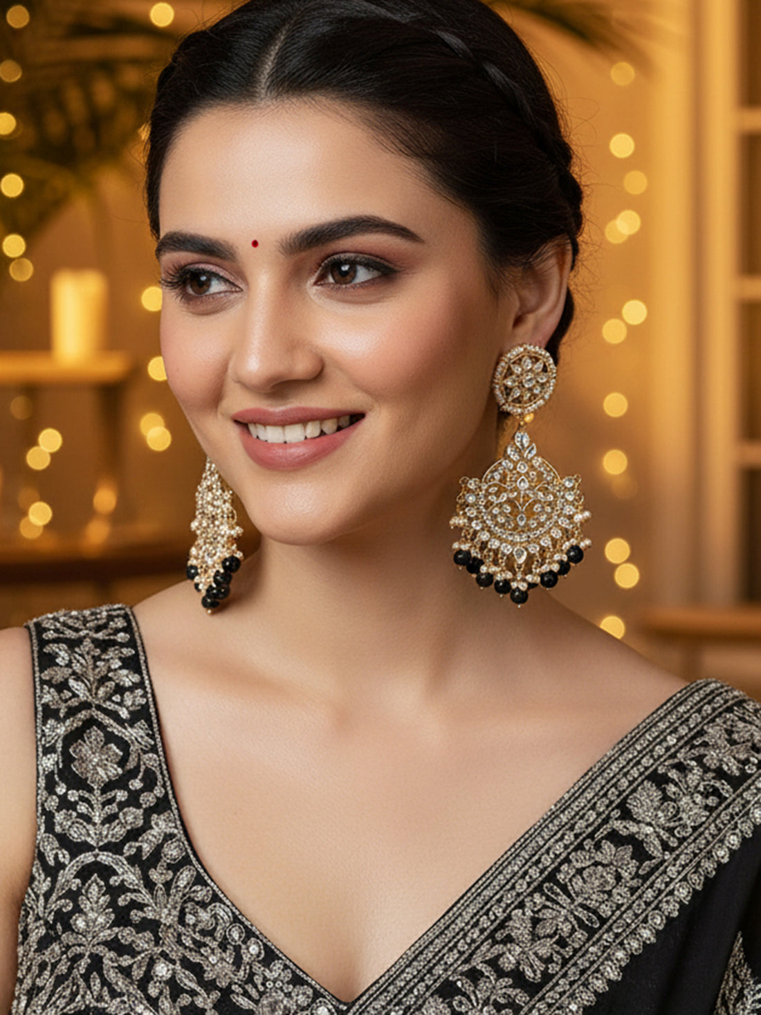 Karatcart Gold Plated Black Beads Kundan Kaanchain Earrings for Women