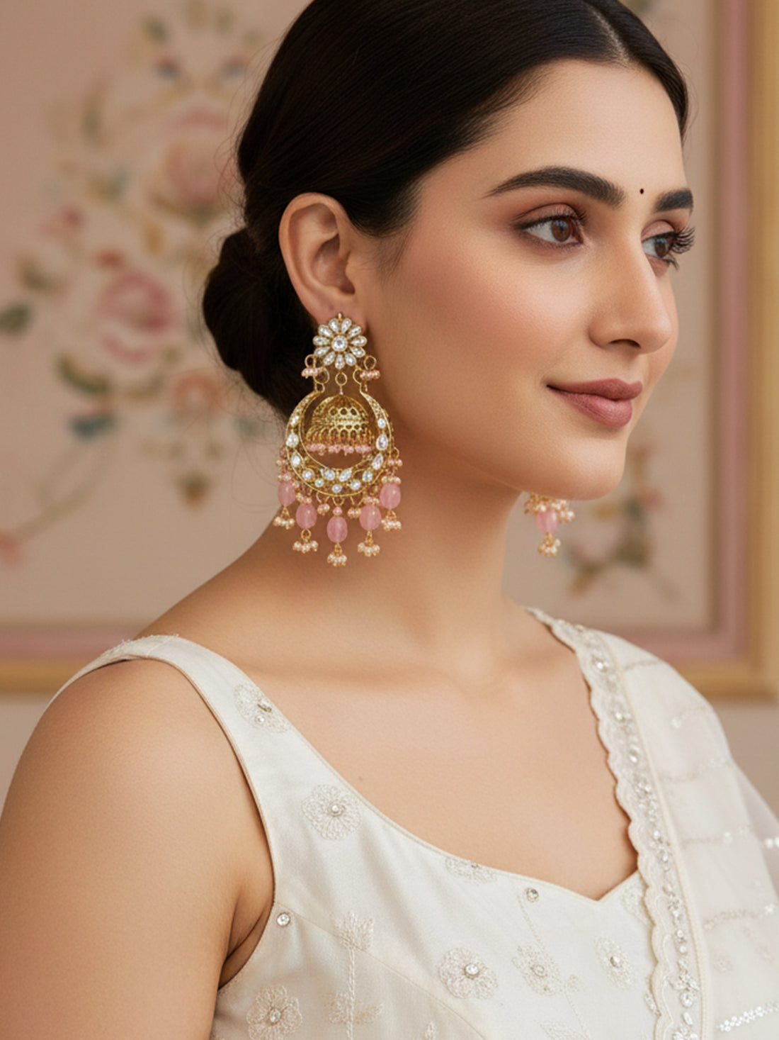 Karatcart Gold Plated Pink Tumble Kundan Jhumki Earrings for Women