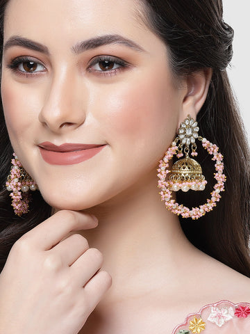 Karatcart Gold Plated Pink Crystal and Pearl Jhumki Hoop Earrings for Women