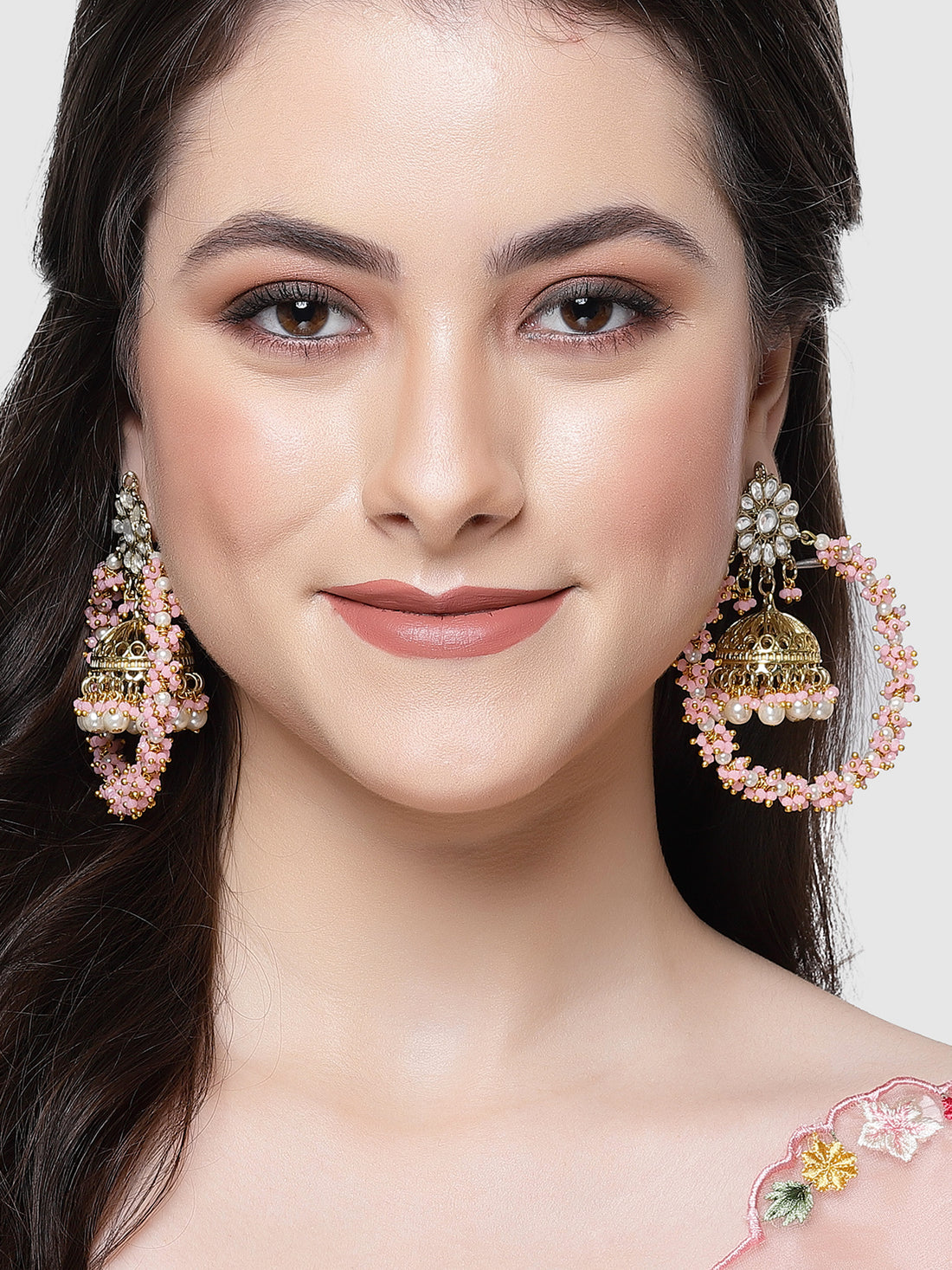 Karatcart Gold Plated Pink Crystal and Pearl Jhumki Hoop Earrings for Women