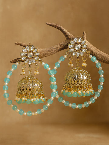 Karatcart Gold Plated Light Blue Bead Kundan Jhumki Hoop Earrings for Women