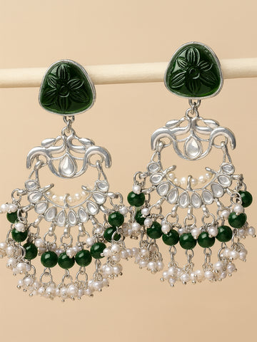 Karatcart Oxidised Silver Plated Green Carved Stone Studded Dangler Earrings for Women