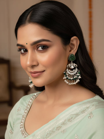 Karatcart Oxidised Silver Plated Green Carved Stone Studded Dangler Earrings for Women