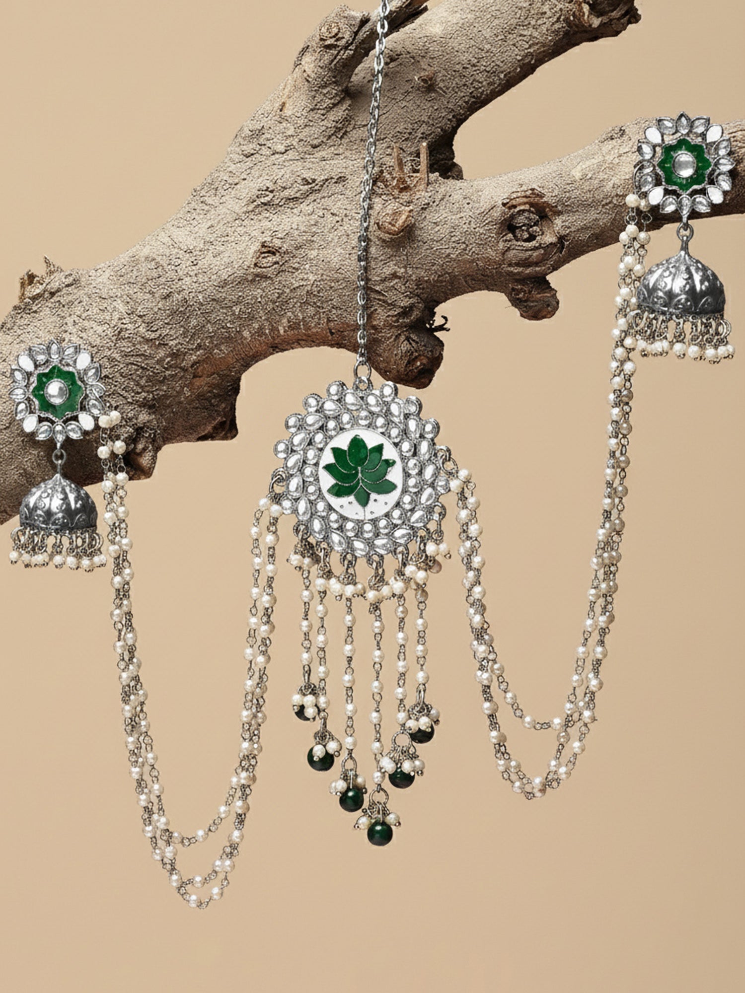 Karatcart Oxidised Silver Green Meena Kundan Jhumki Earrings with Juda Pin for Women