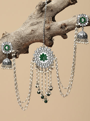 Karatcart Oxidised Silver Green Meena Kundan Jhumki Earrings with Juda Pin for Women