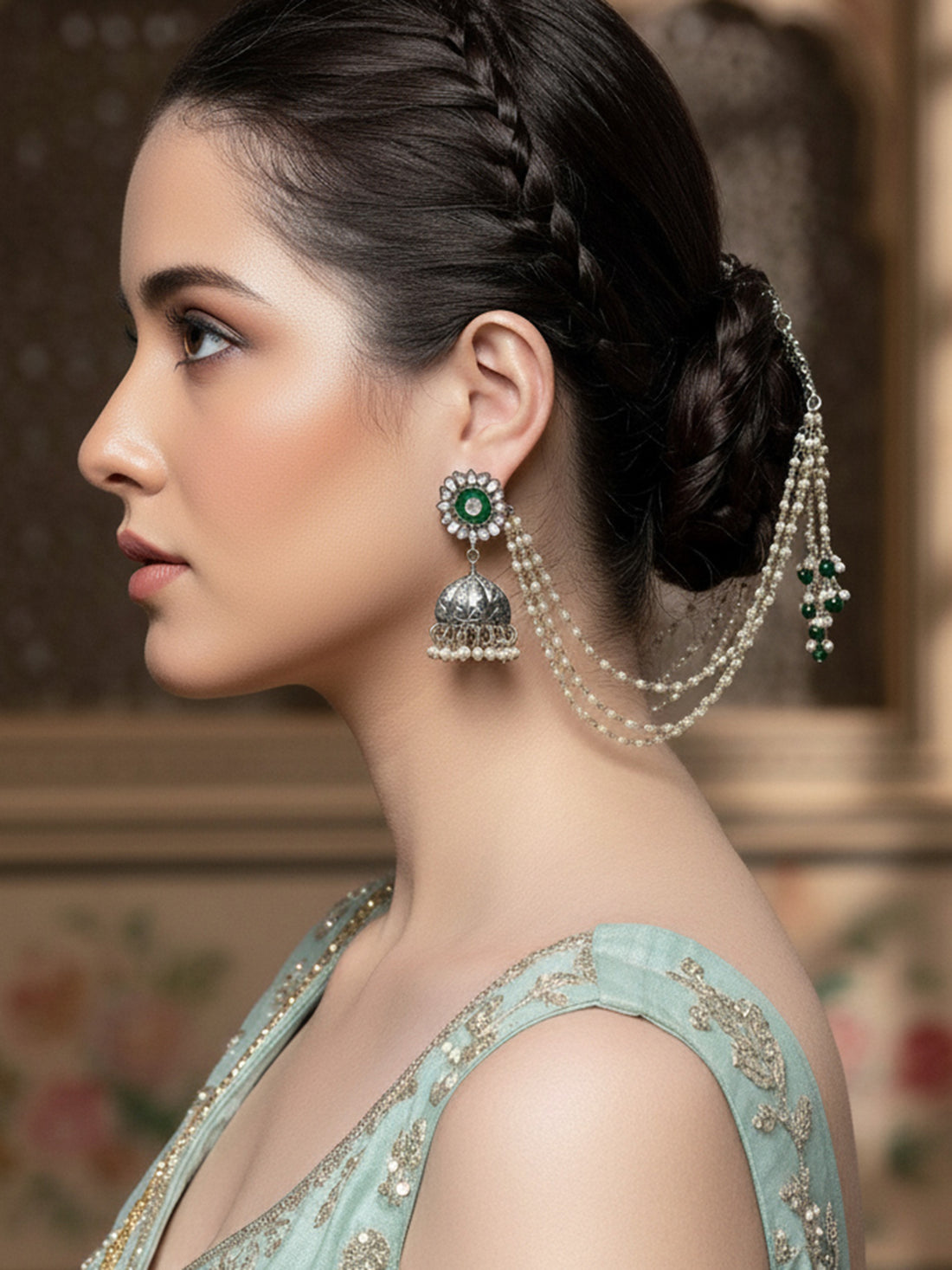 Karatcart Oxidised Silver Green Meena Kundan Jhumki Earrings with Juda Pin for Women