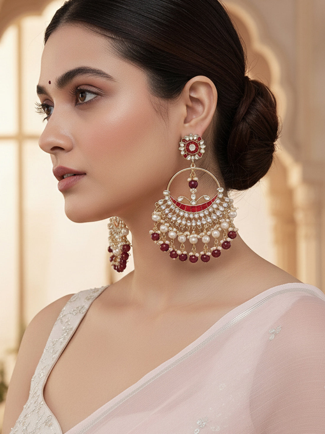 Karatcart Gold Plated Red Beads and Pearl Kundan Chandbali Earrings for Women