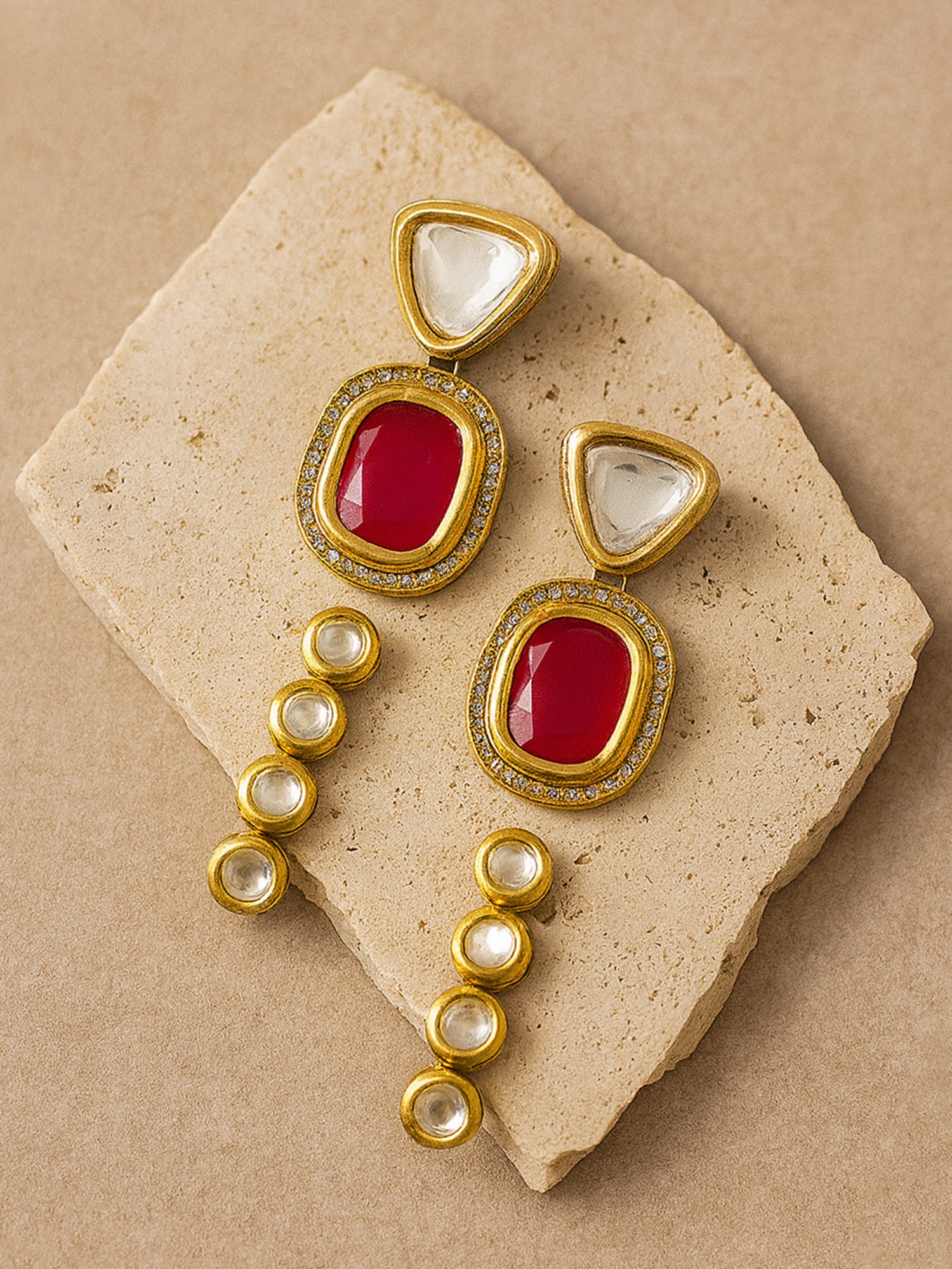 Karatcart Red and Gold Set of 2 Polki Kundan Drop Earrings for Women