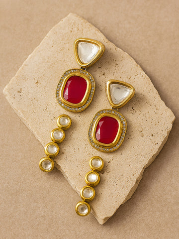 Karatcart Red and Gold Set of 2 Polki Kundan Drop Earrings for Women