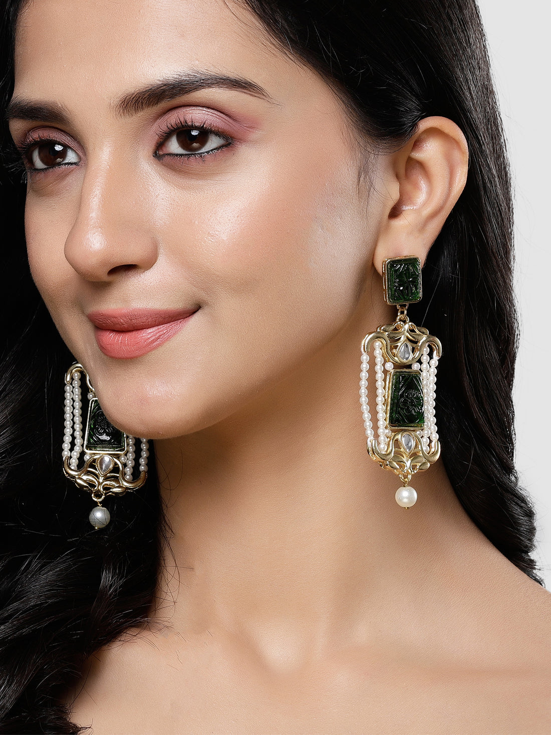 Karatcart Gold Plated Green Carved Stone and Pearl Kundan Drop Earrings for Women