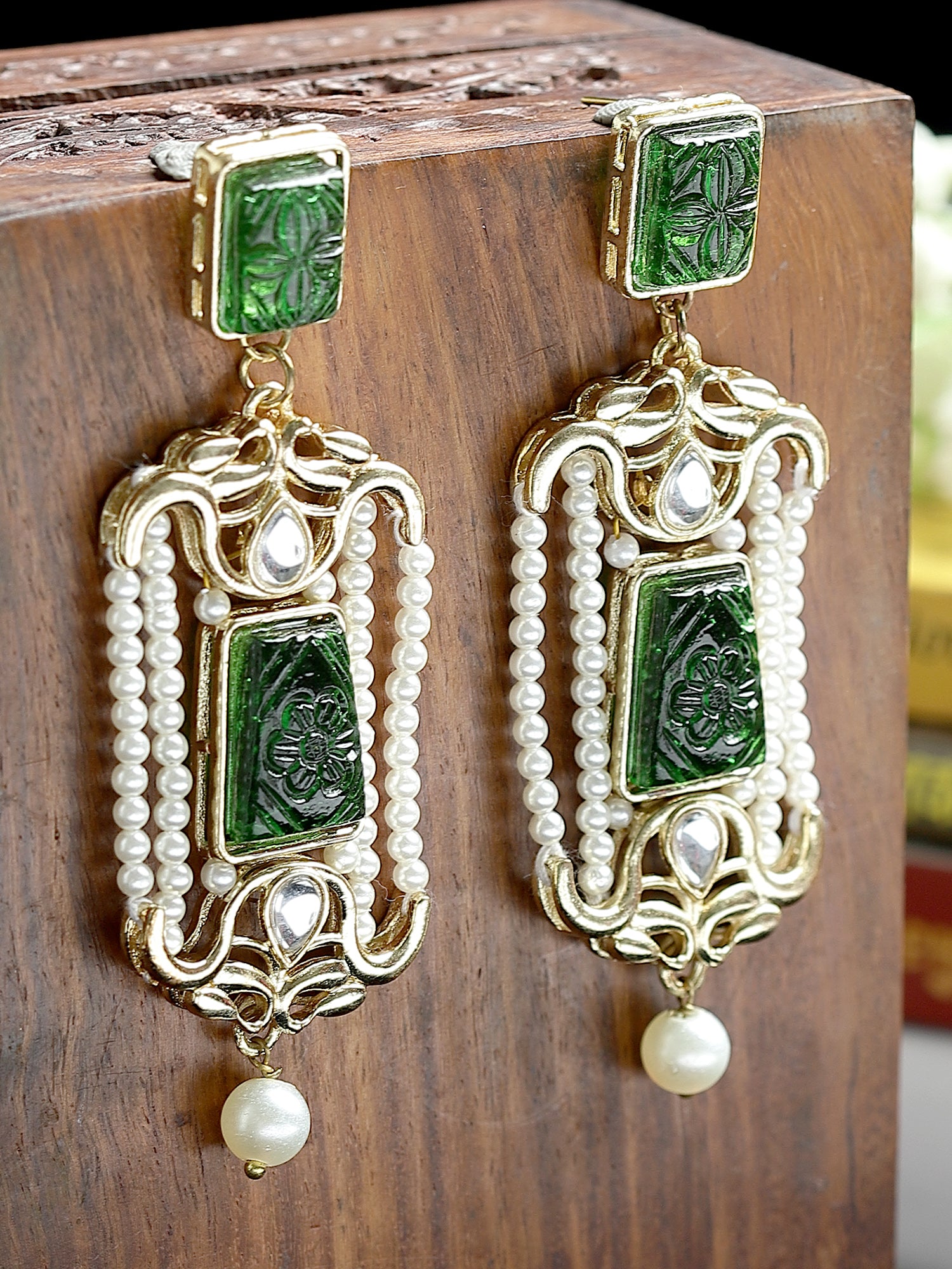 Karatcart Gold Plated Green Carved Stone and Pearl Kundan Drop Earrings for Women