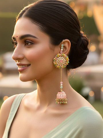 Karatcart Gold Plated Multicolor Crystal Studded Kundan Kanauti Kaanchain Jhumki Earrings