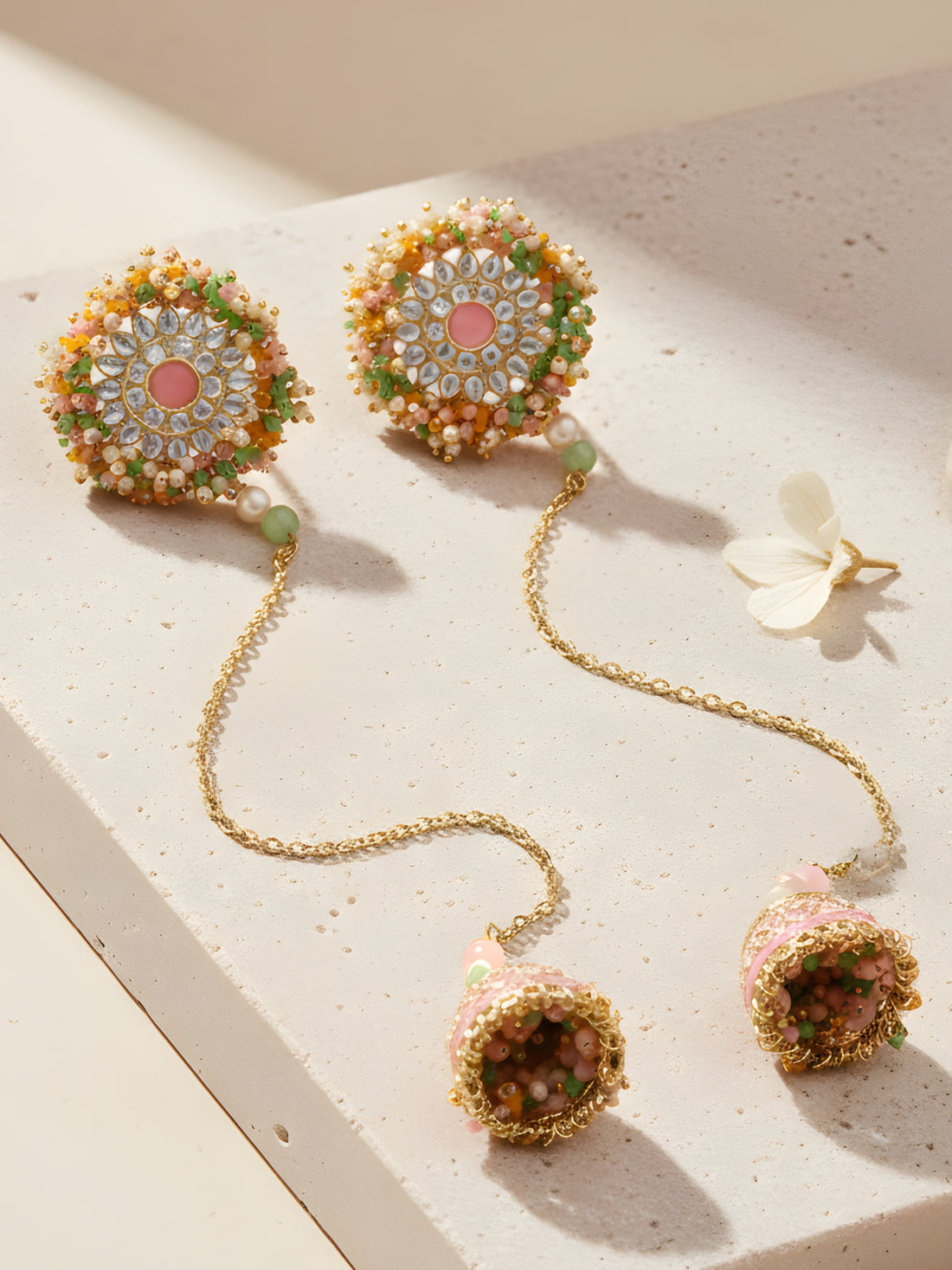 Karatcart Gold Plated Multicolor Crystal Studded Kundan Kanauti Kaanchain Jhumki Earrings