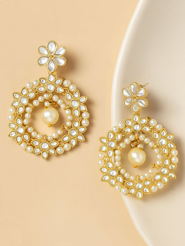 Karatcart Gold-Plated Pearl and Floral Kundan Studded Dangler Hoop Earring for Women