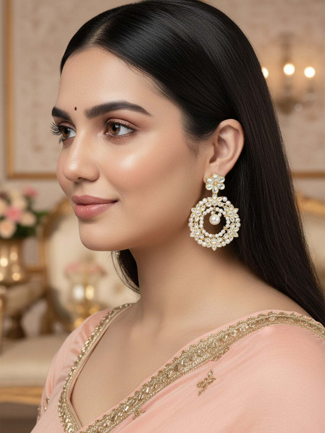 Karatcart Gold-Plated Pearl and Floral Kundan Studded Dangler Hoop Earring for Women