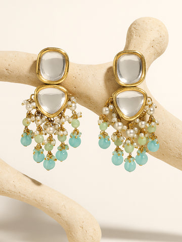 Karatcart Gold Plated Blue Beads Polki Kundan Drop Earrings for Women