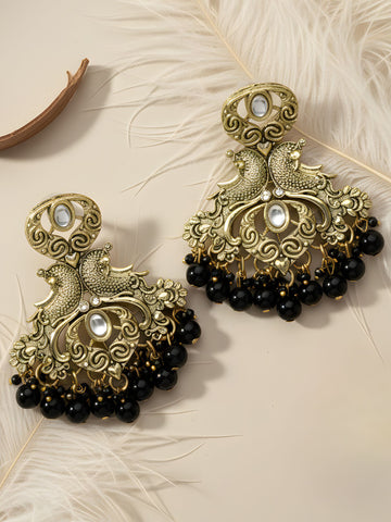 Karatcart Antique Gold Plated Black Beads Peacock Design Kundan Dangler Earrings for Women
