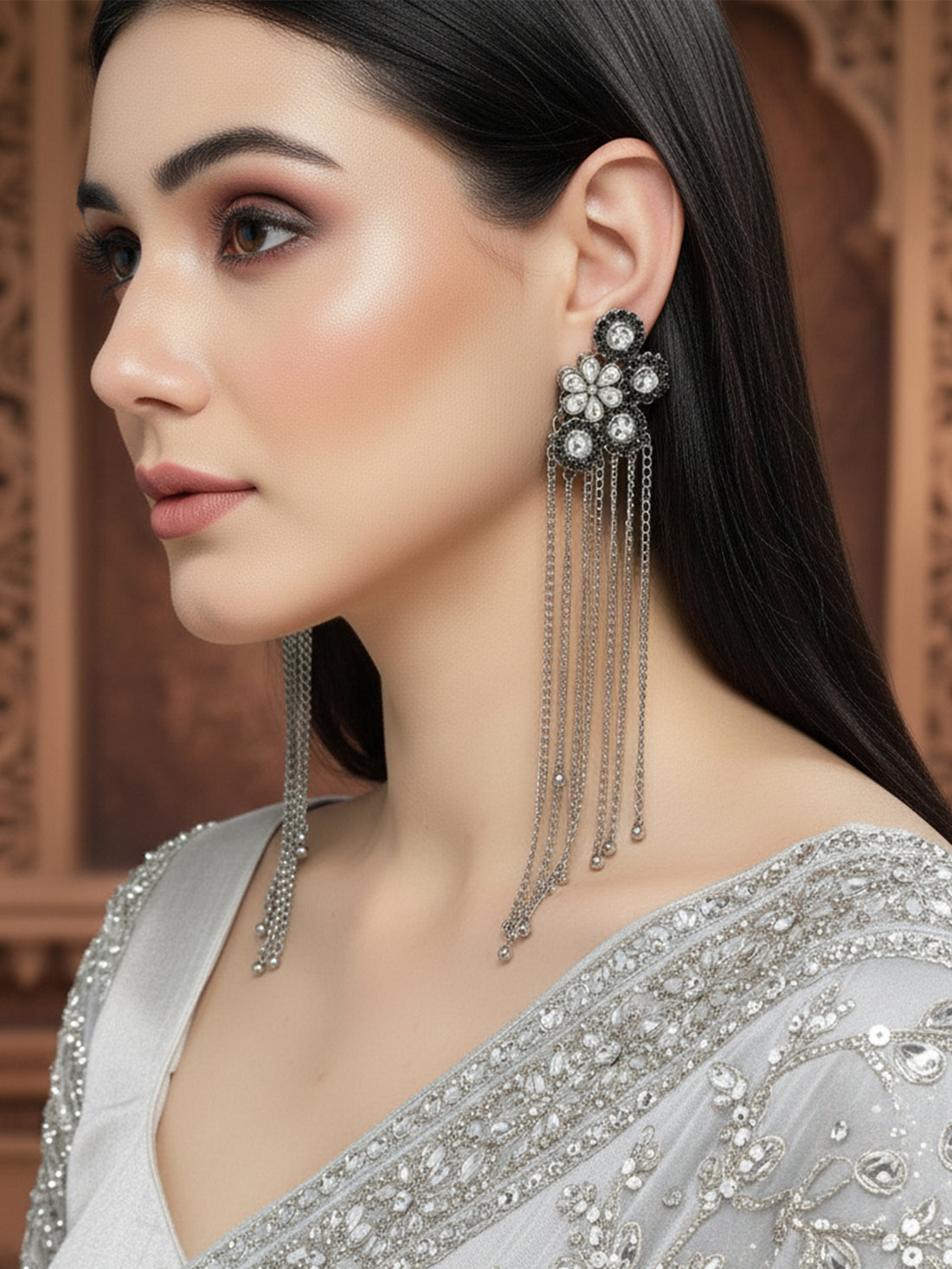Karatcart Oxidised Silver Black Ball Studded Kundan Tassel Earrings for Women