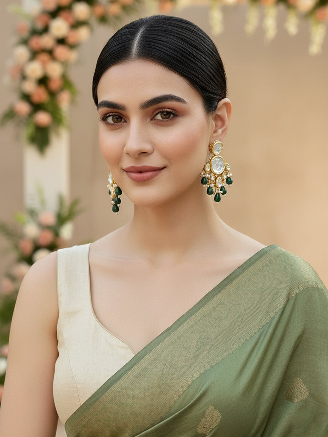 Karatcart Gold Plated Polki Kundan Green Beads Dangler Earrings for Women