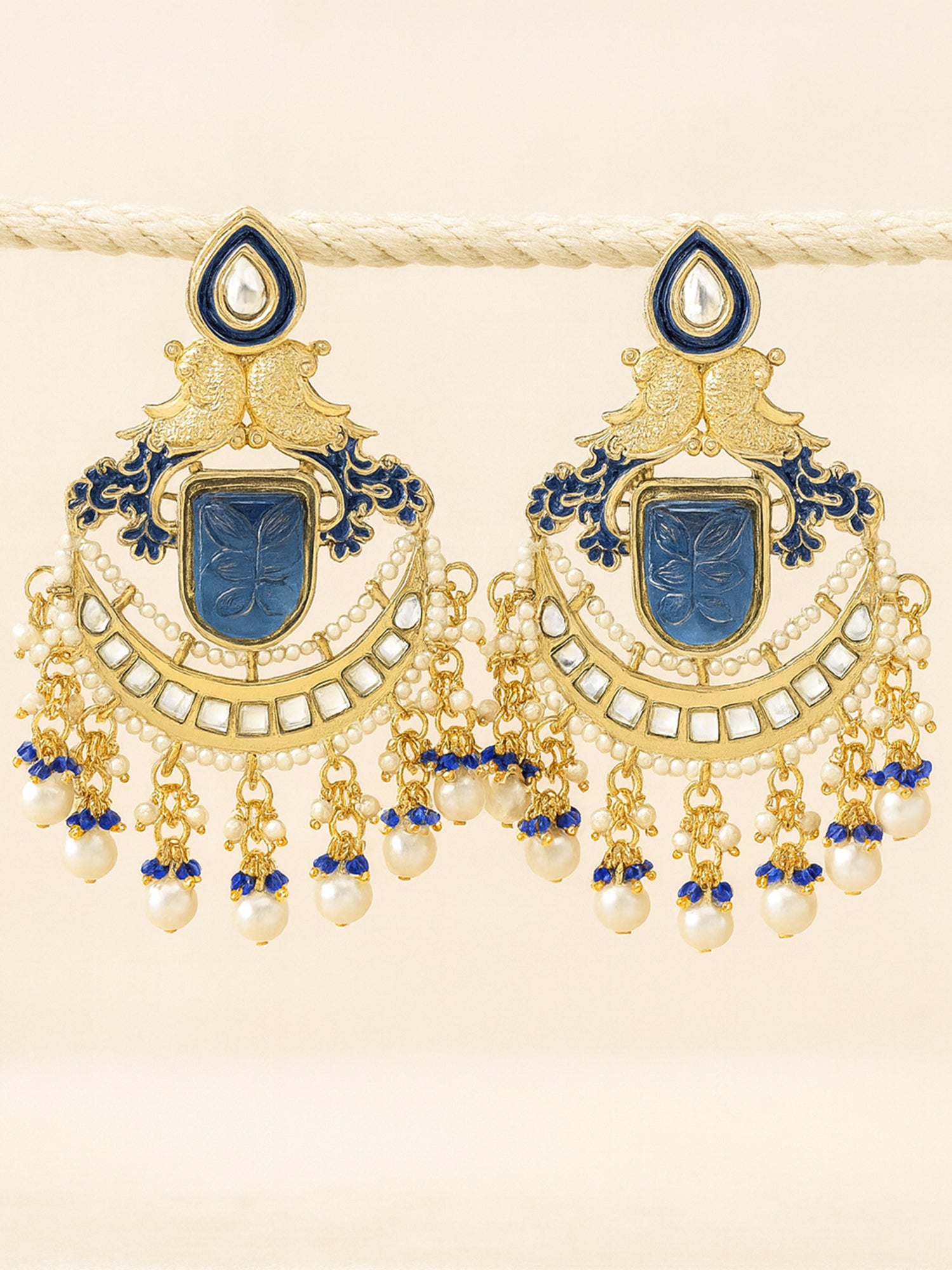 Karatcart Gold Plated Blue Carved Stone Kundan Dangler Earrings for Women