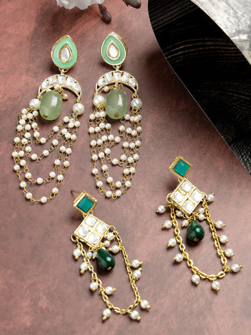 Karatcart Set of 2 Gold Plated Light Green Kundan Drop Earrings for Women