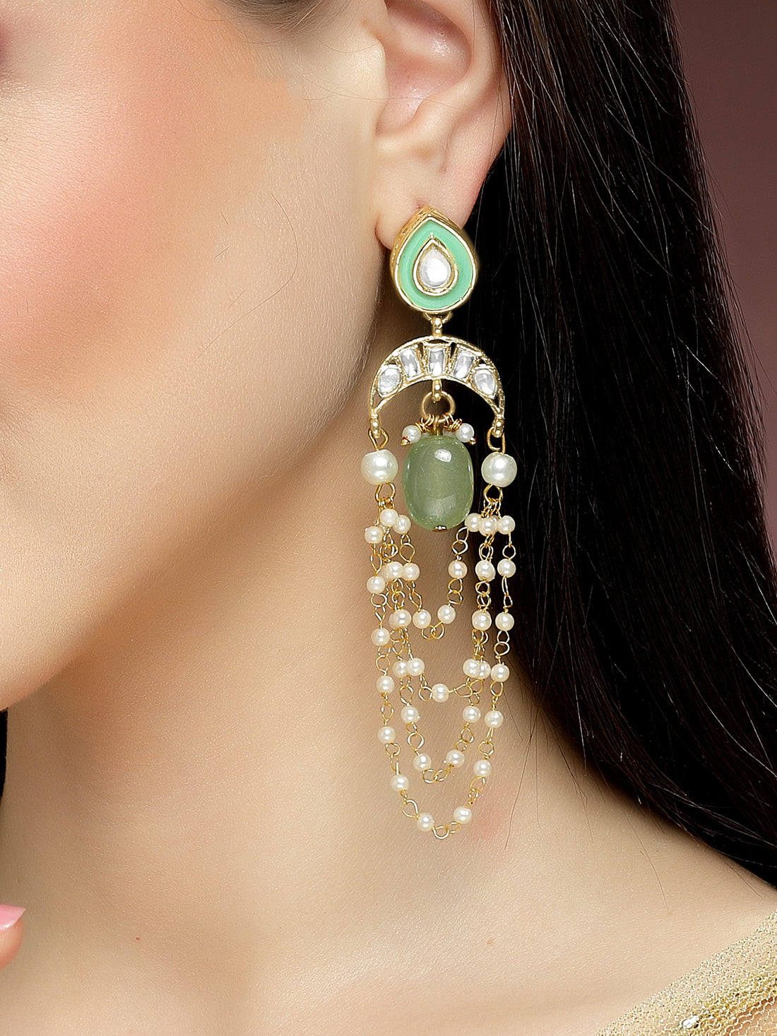 Karatcart Set of 2 Gold Plated Light Green Kundan Drop Earrings for Women