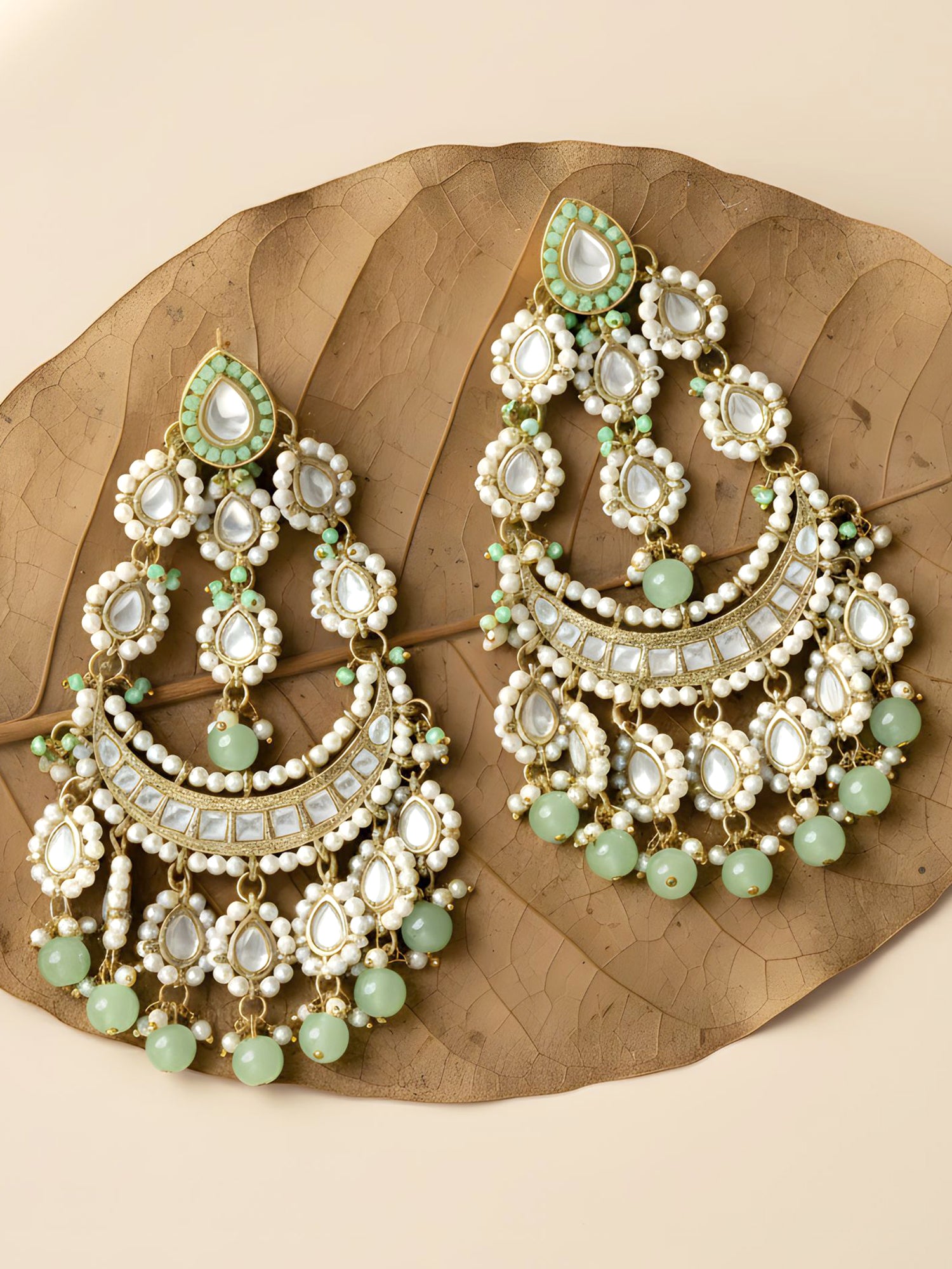 Karatcart Gold Plated Long Kundan Light Green Beads Dangler Earrings for Women
